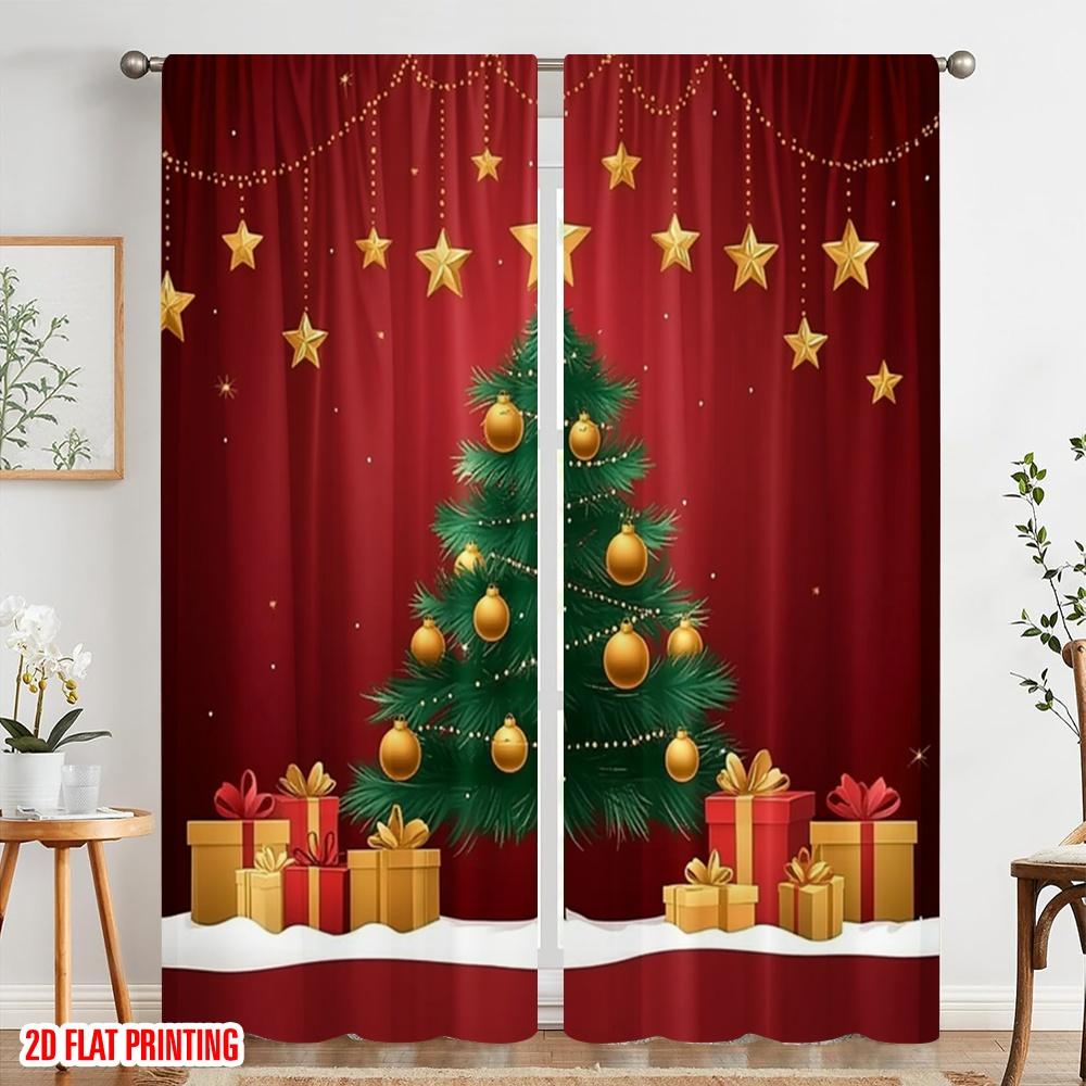 2pcs,2D plane printing Pattern Curtains Christmas Tree Gifts Snow (2) Versatile Fabric (without rod) Versatile All Ldeal for