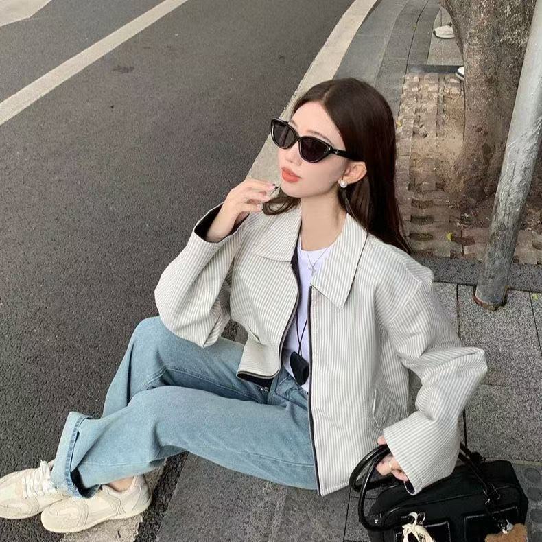 Women's Striped Collar Reversible Jacket Retro Design Loose Casual Versatile Top for Spring and Autumn