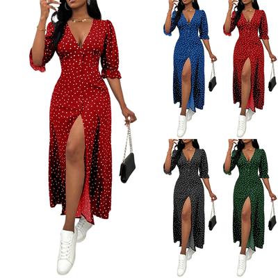 Women's Polka Dot Deep V Neck Bodycon Dress - Ruffle Hem Fishtail Split Dress for Party