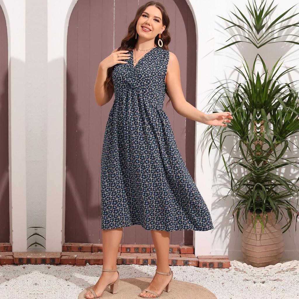 Plus Size Women's Floral V-Neck Loose Sleeveless Large Swing Simple Print Dress Blue XL-5XL