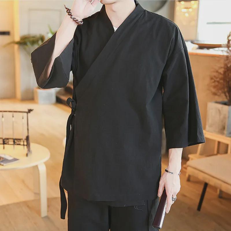 Three-Quarter Sleeve Hanfu Men's Traditional Taoist Robe - Chinese Style Zen Jacket
