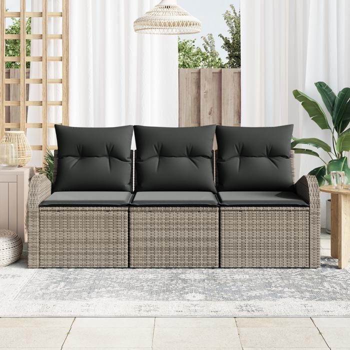 Ensemble de canapé de jardin de 3 pièces avec coussins gris poly rotin, Canapé de jardin 2 places avec rangement et coussins 3354568