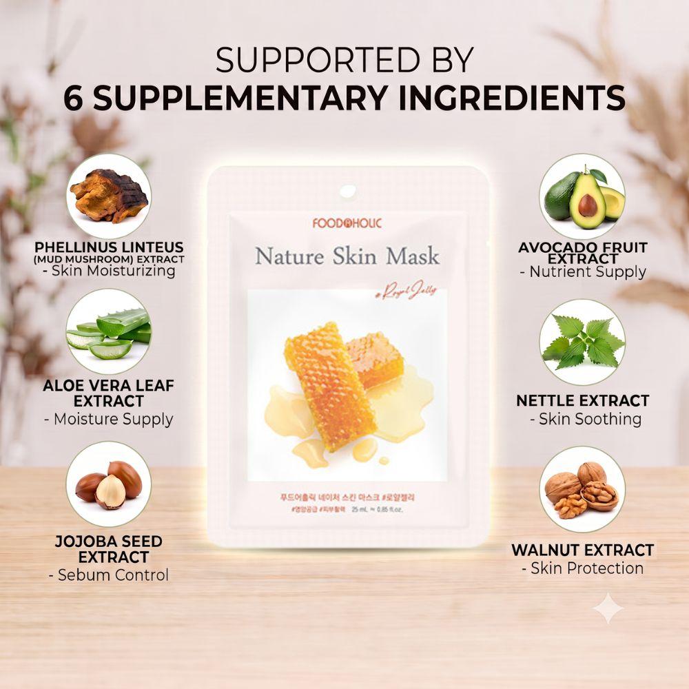 FoodaHolic Nature Skin Mask Royal Jelly 23ml X 10 Sheets - Deeply Nourishing & Glow-Enhancing Facial Sheet Mask Pack for Radiant Skin(10 Sheets)