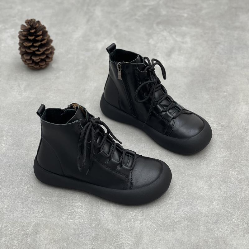 Johnature Handmade Genuine Leather Women's Shoes Retro Flat Versatile Soft Cowhide Lace Up Short Boots