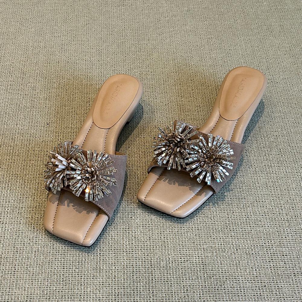 2026 Summer Rhinestone Flowers Brand Shoes Women Low Heel Sandals Elegant Ladies Party Shoes Sandals Heels 3.5cm