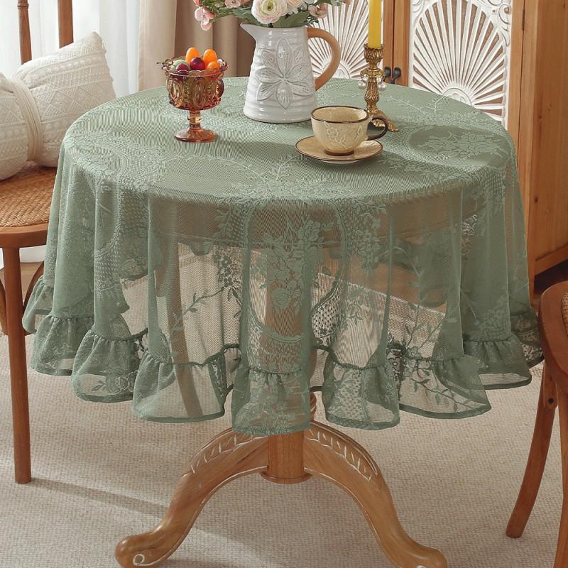 Lace Round Tablecloth With Ruffled Hem French Style Vintage Dining Table Cover Breathable Dustproof Decorative Mat