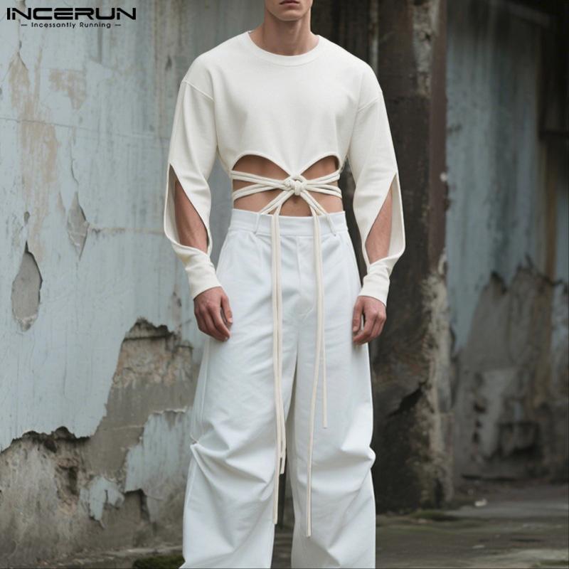 INCERUN Men Cutcut Long Sleeve Bandage Cropped Pullover Tops