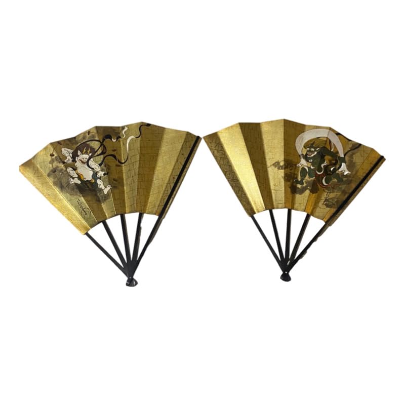 Folding Bat Folding Fan with Wind God and Thunder God with Fan Boxed <Decorative Fan> (Kawahori) Design, Stand,