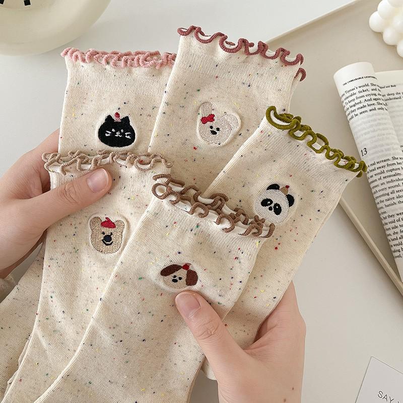 Socks Pure Cotton Stacking Socks Season Idea Yarn Cute Embroidery Cartoon Fungus Edge Cotton Medium Tube Socks
