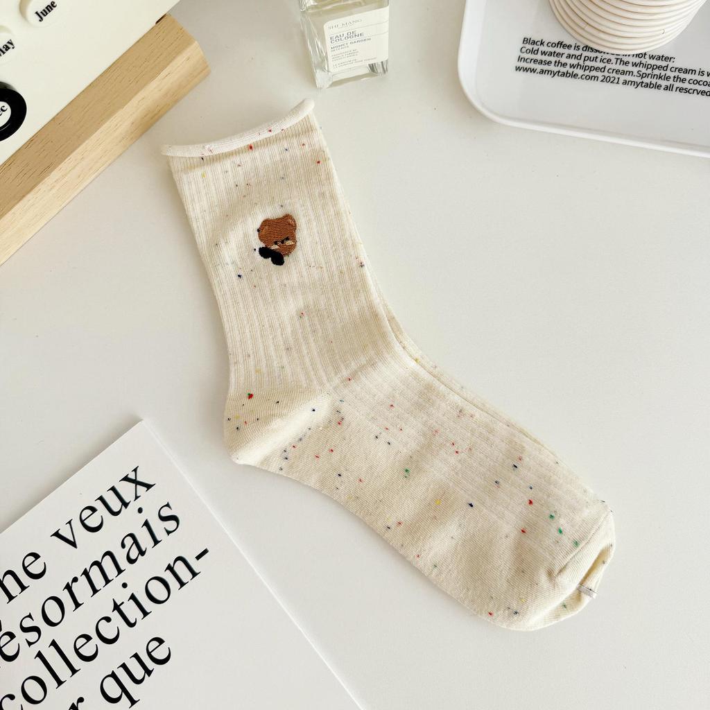 Women's Colorful Polka Dot Cartoon Embroidery Mid-Calf Gauze Socks - Korean Style Cute Rolled Edge