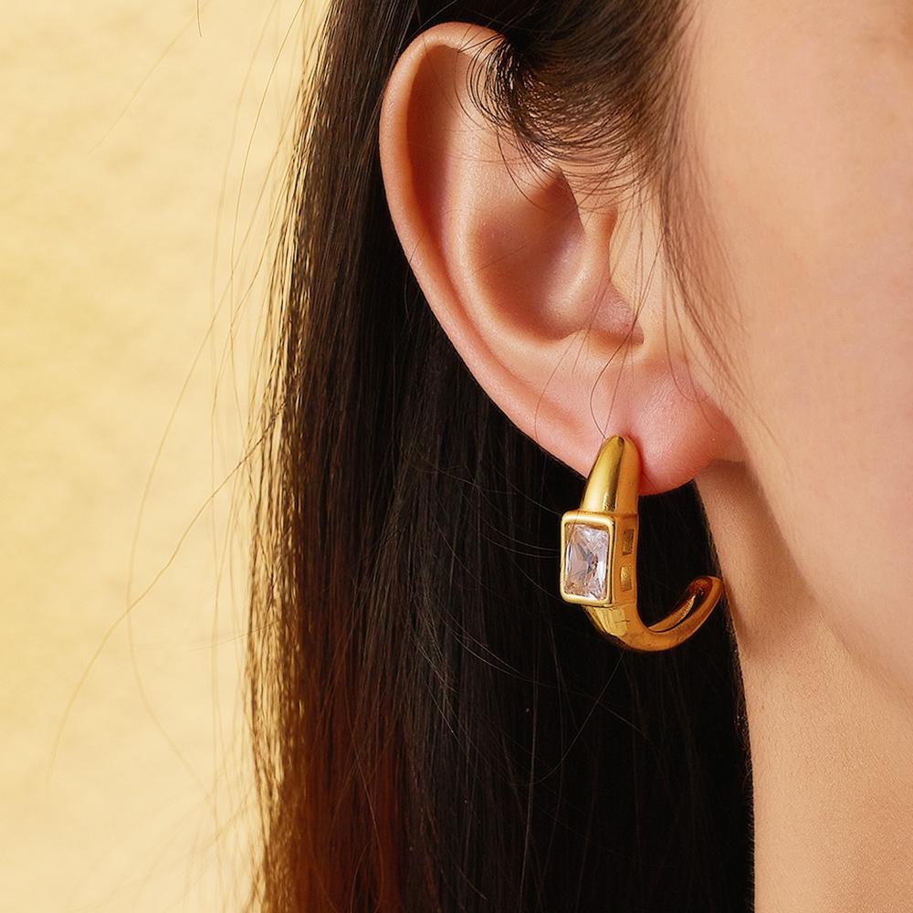 18K Gold Plated White Diamond Hoop & Stud Earrings - French Style Titanium Steel