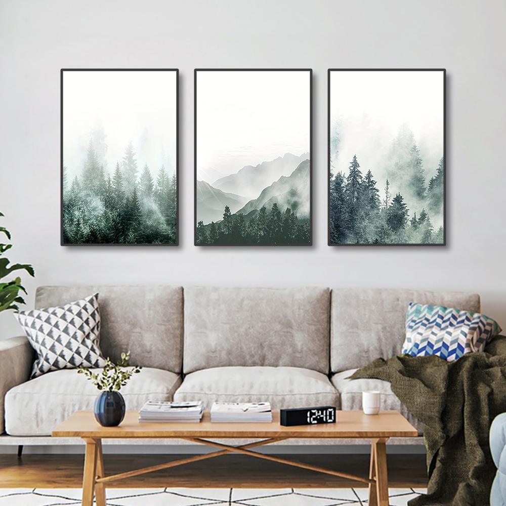 3PCS Frameless Misty Forest Trees Poster Mountain Landscape Canvas Painting Modern Wall Art Decor Nordic Picture Bedroom Home