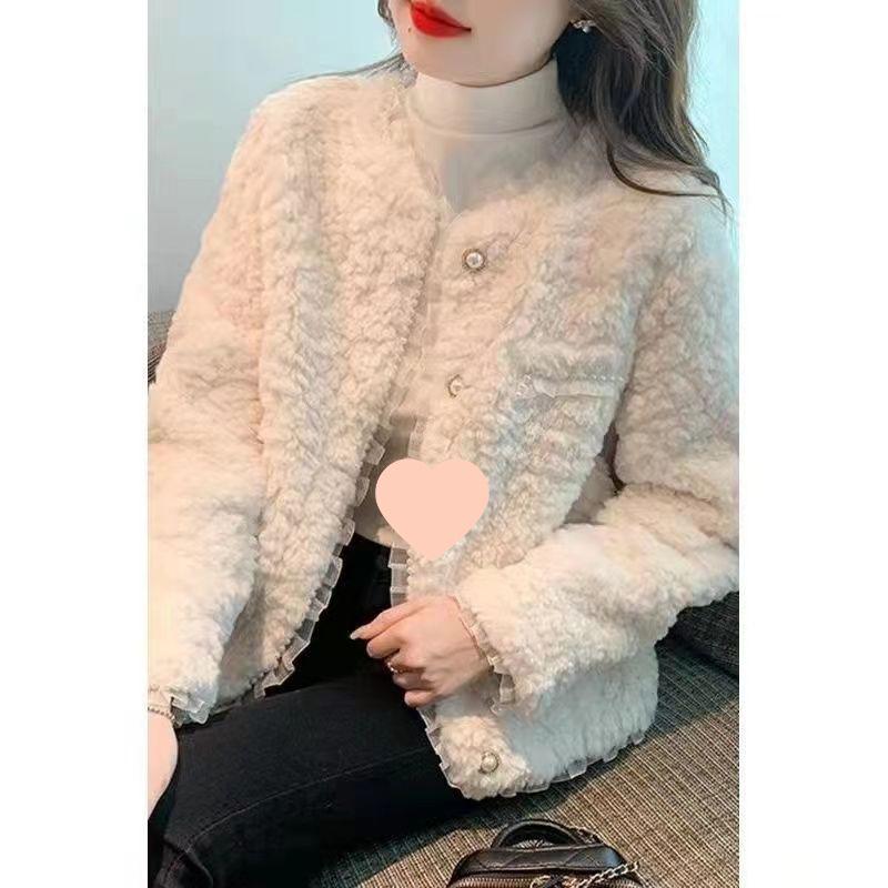 Chaqueta de Lana de Cordero Estilo Coreano con Cuentas para Otoño/Invierno para Mujer