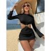 3 Pieces Hand Crochet Bikini Set 2026 Women Black White Cut Out Long Sleeve Cover Up Swimsuit Beach Bathing Suit Thong Swimwear