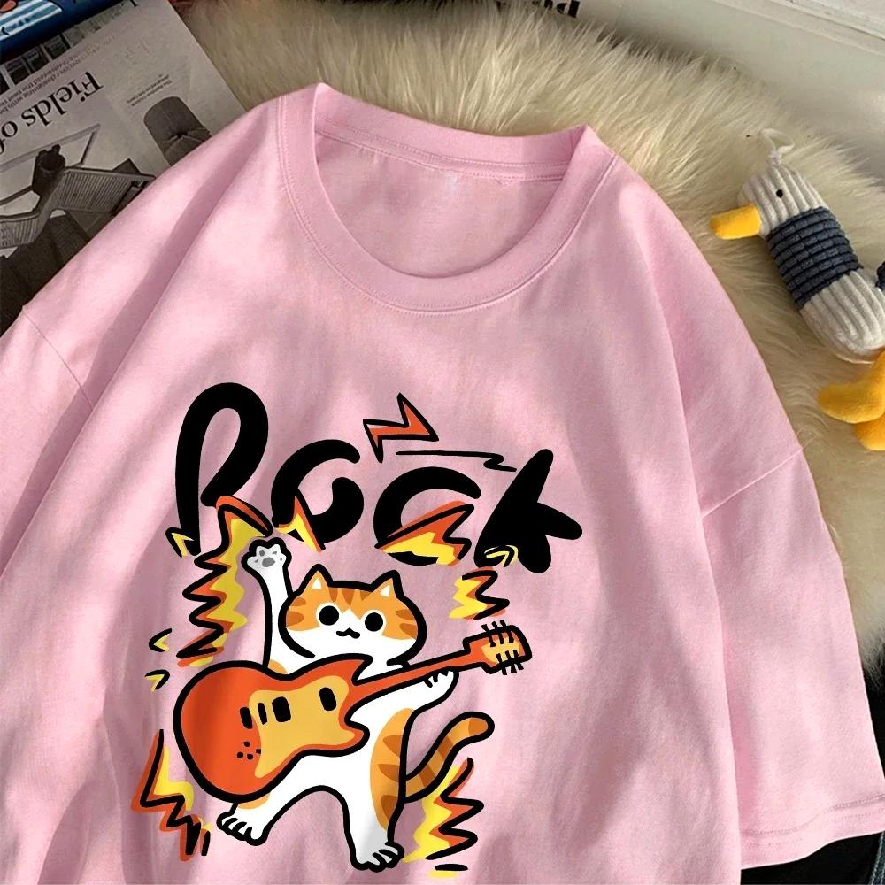 

Rock Hip Hop Cat T-shirts for women cartoon print t-shirts loose fitting crew neck t-shirts S