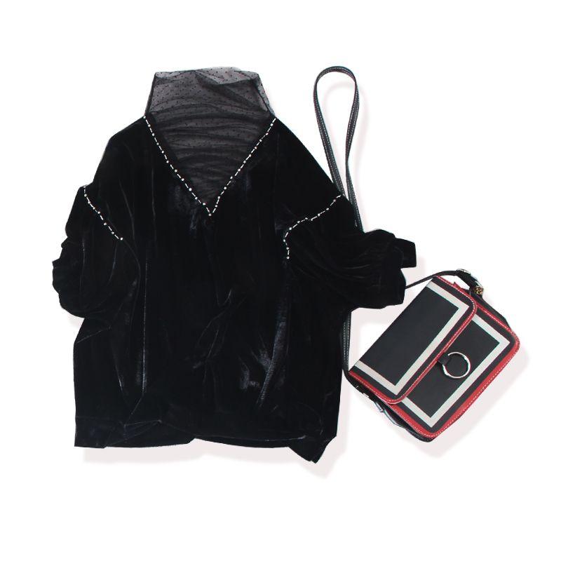 

Penny-Grade Clothing ~ Ji Zhi Black Real Velvet Raglan Sleeve Loose Lolita Tulle Collar Diamond-Embedded T-shirt/Bottoming Shirt for Women Black 4XL