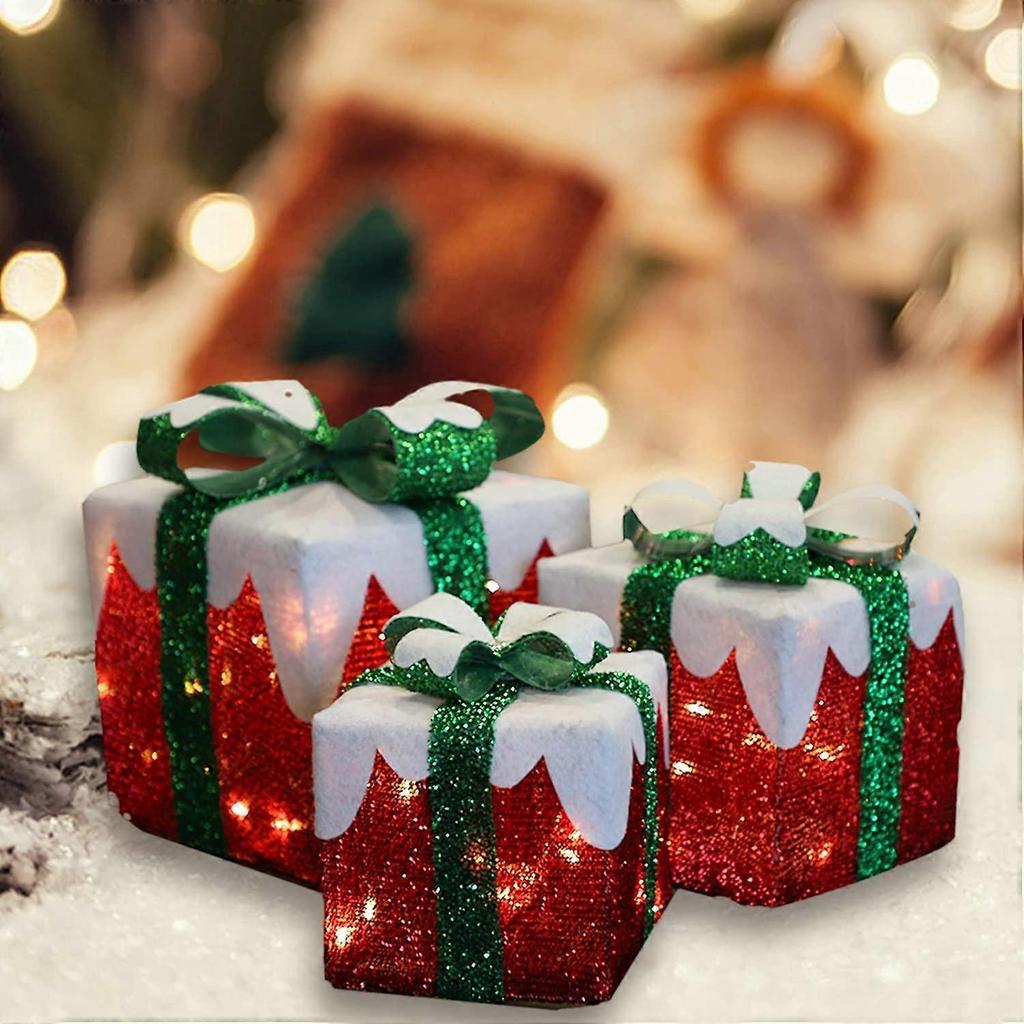 Set of 3 LED gift boxes with Green Bow Christmas gift boxes, party decorations