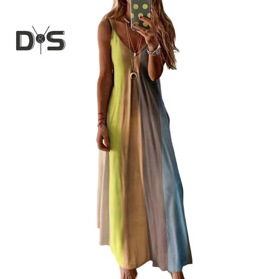 Women's Spaghetti Strap Gradient Long Dresses Summer Casual V Neck Flowy Maxi Dress Loose Beach Sundress