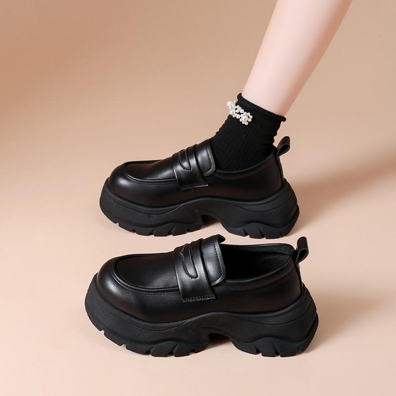 Fashion CRLAYDK Fashion Women's Platform Mid Chunky Heel Loafers Classic Round Toe Slip On Office Uniform Leather Walking Shoes