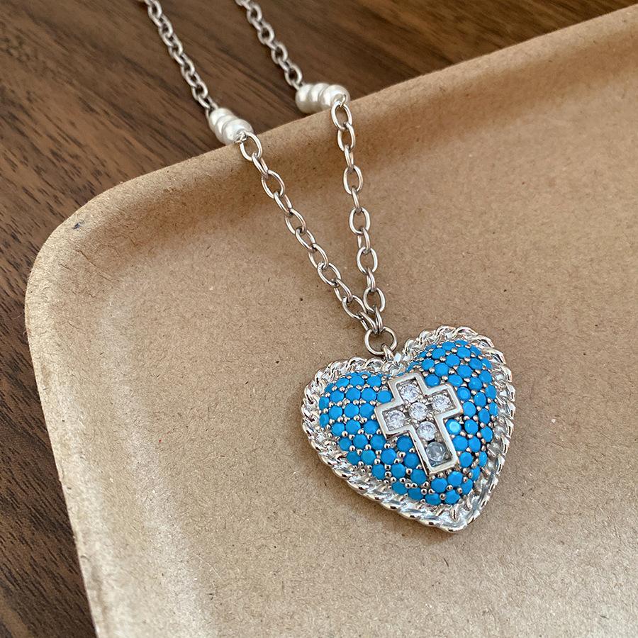 Zircon Pearl Beaded Heart Cross Pendant Necklace Minimalist Luxury Clavicle Necklace