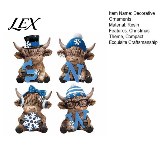 Elegant Seasonal Ornament 4Pcs Christmas Highland Cow Figurine, Winter Blue Yak Statues with Snowflakes Xmas Unique Room Accent Hats, Farmhouse