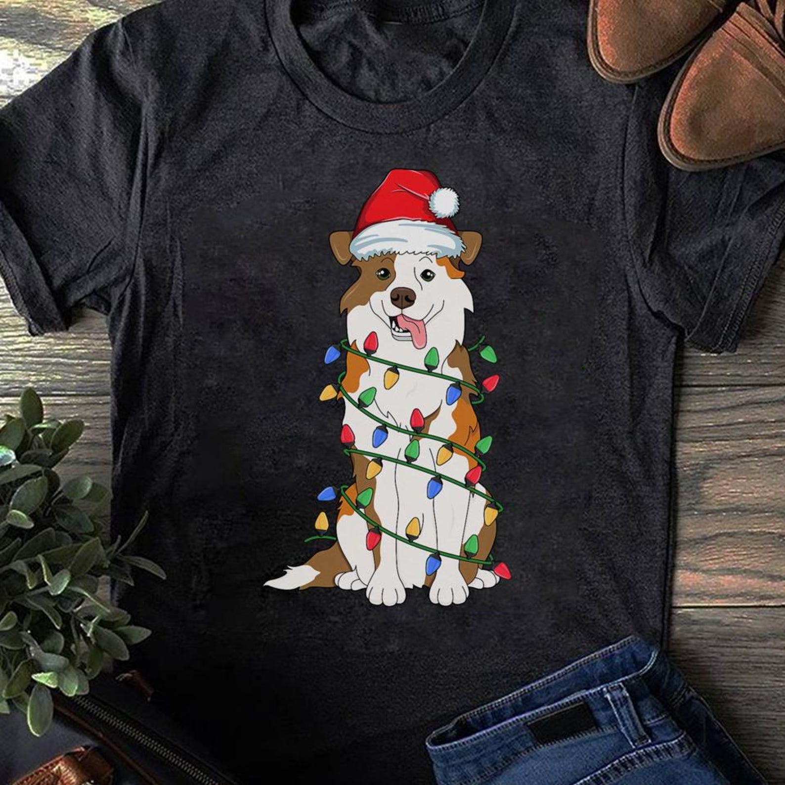 Australian Shepherd Christmas Lights T-Shirt: Aussie Xmas Dog XL
