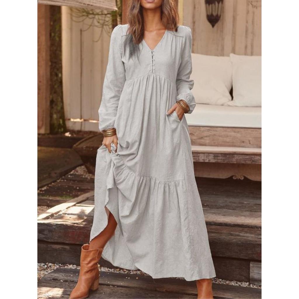 Autumn Spring Women's Vintage Style Long Dress Casual V-Neck Long Sleeve Loose Maxi Dresses Female Elegant Women's Clothing
