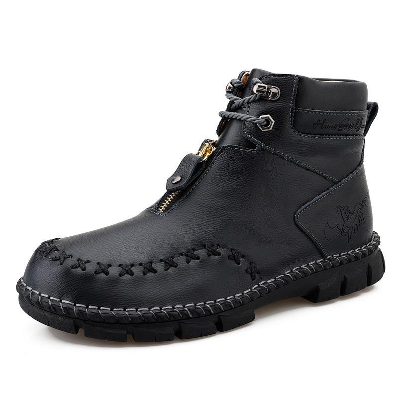 Men's boots autumn and winter outdoor medium and high-top shoes 2021 fashion leather boots trendy casual shoes sewn shoes large size men