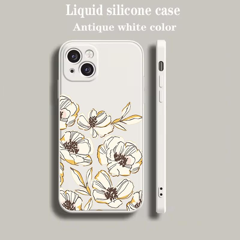 Luxury Color Phone Case For iPhone 15 14 13 12 mini 11 Pro Max XS X XR SE 7 8 Plus soft Silicone Beige Cover Flower
