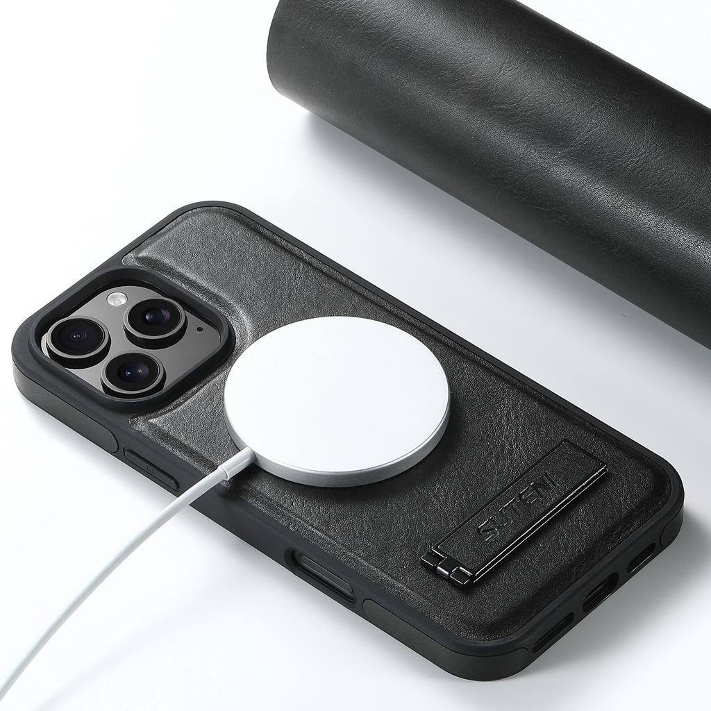 SUTENI G2 For iPhone 16 Pro Max Magnetic Case Leather Phone Back Cover Waxy Texture Kickstand