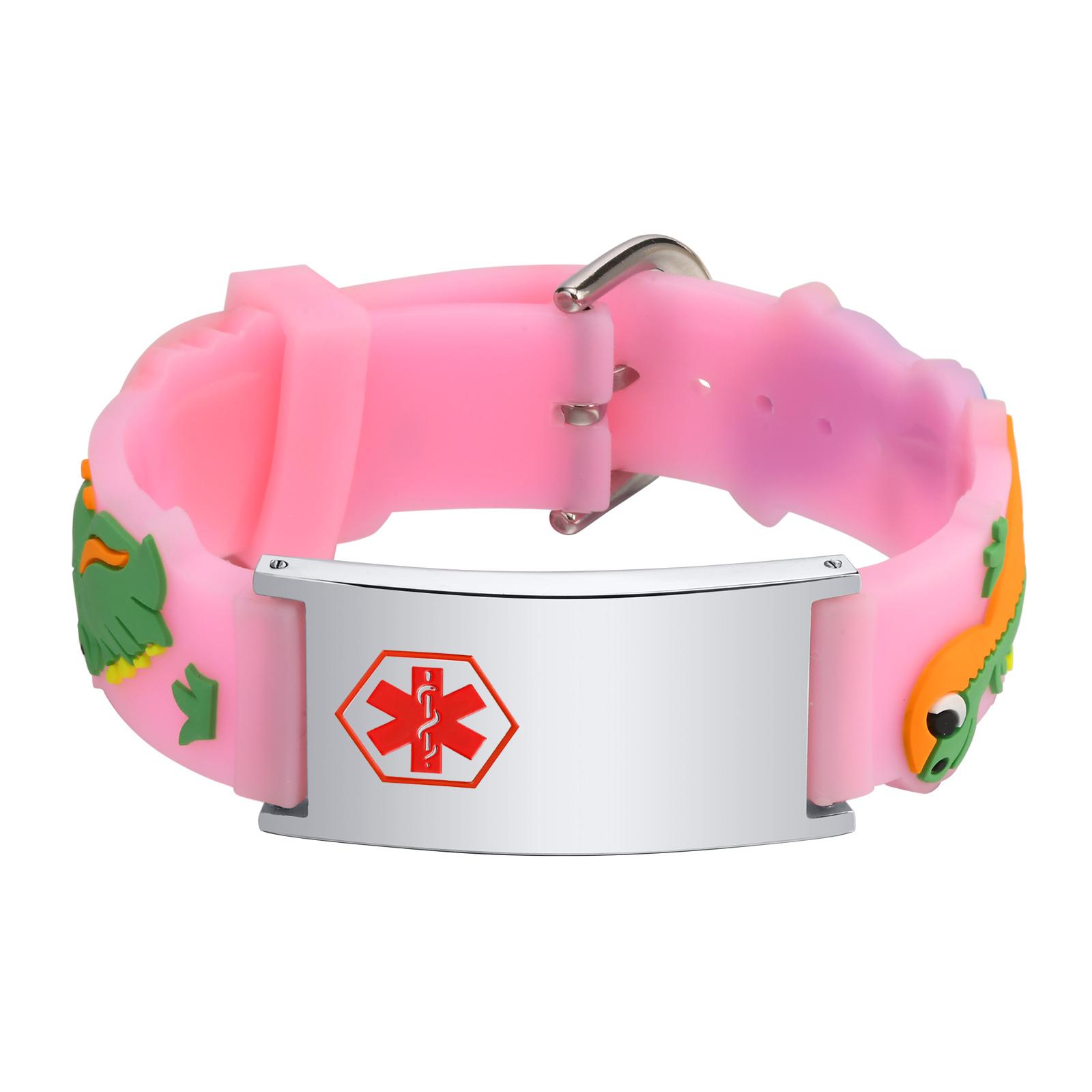 

Customized Dinosaurs Medical Alert ID Bracelet , Adjsutable Silicone Bracelet, Food Allergy Engraved for Little Girl Boy