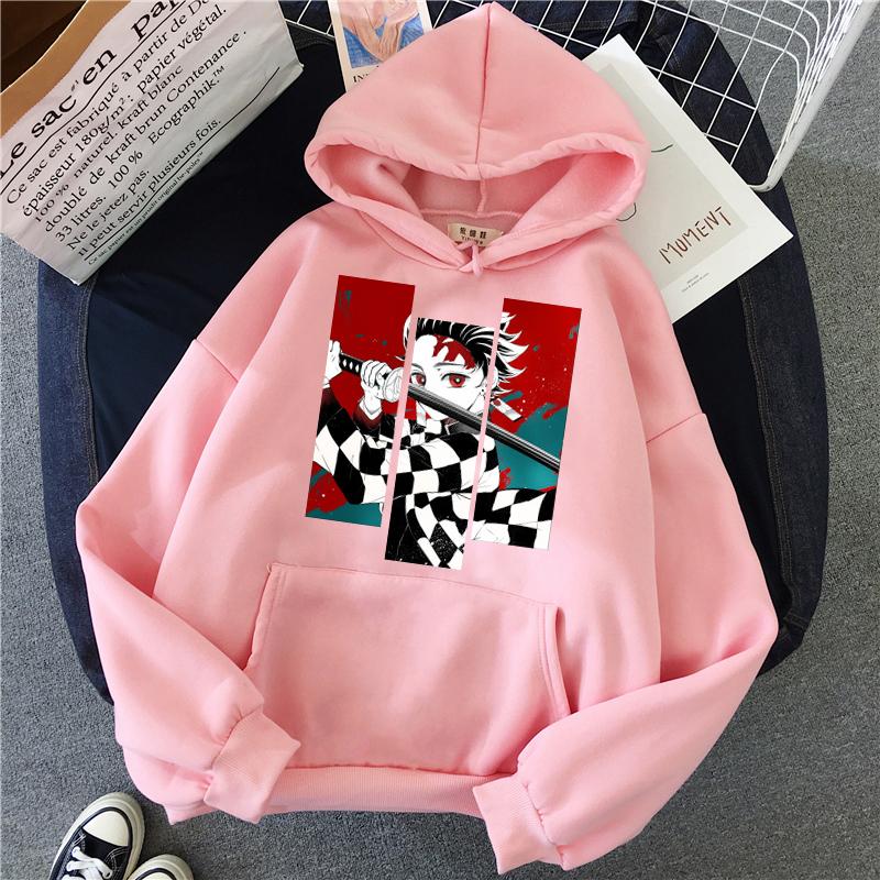 Anime Demon Slayer Tanjiro and Nezuko Hoodie Sweatshirt Women Korean Kpop Street Style Sweatshirt Girl Streetwear Winter Loose Top