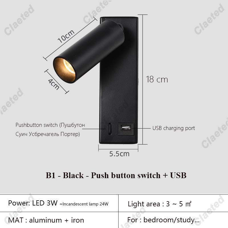 New Led Wall Lamp Sconce with Switch Black Brass Creative USB Port Reading Wall Lamp with 3W Spotlight for Bedroom Bedside
