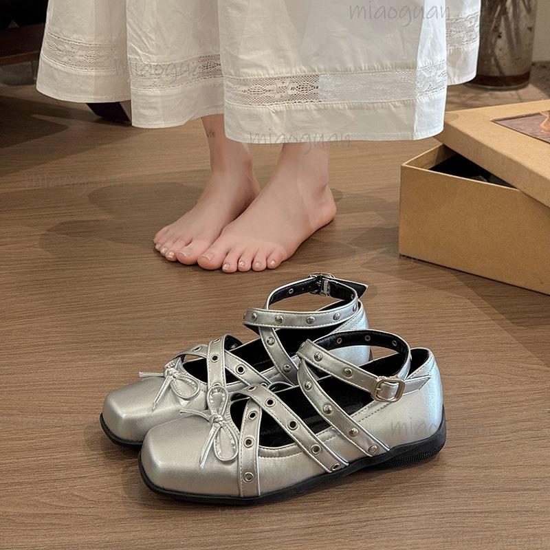 Fashion Retro Bow Cross Straps Mary Jane Shoes for Women 2025 Spring Autumn New Shallow Mouth Rivets Ballet Low Heel Pumps PU Square Toe
