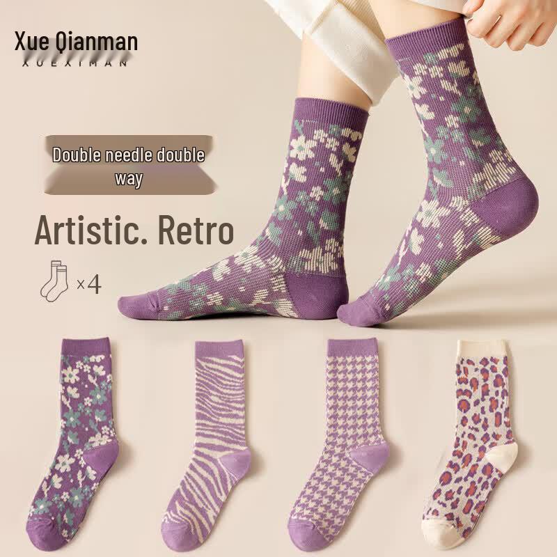 Women s Retro Argyle Mid-Calf Cotton Socks One Size