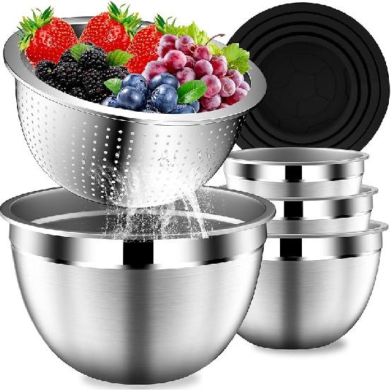 Mixing Bowls with Lids Set, Stainless Steel Mixing Bowls with Colander, Strainer with Mixing Bowl Set, Kitchen Gadgets Bowl Christams Gift, Size 4,