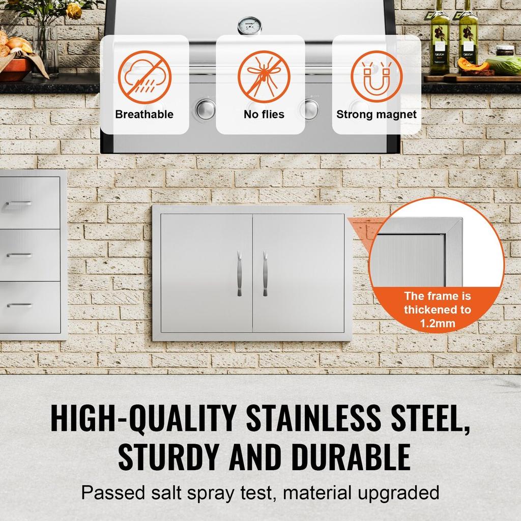 BBQ Access Door, 711x482 Mm Double Outdoor Kitchen Door, Stainless Steel Flush Mount Door, Wall Vertical Door with Handles, for BBQ Island, Grilling