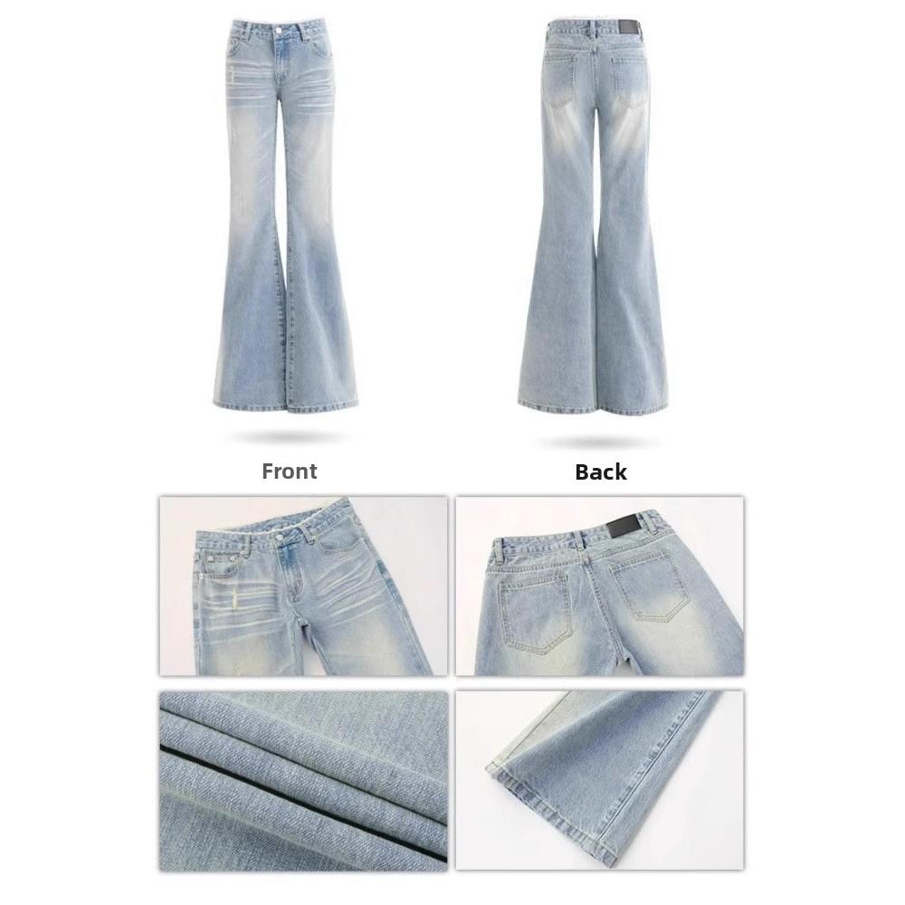 Jeans a Zampa Vita Bassa Donna Blu Chiaro Lavato Design con Inserti di Pizzo Primavera Estate Dimagranti Versatili Pantaloni in Denim