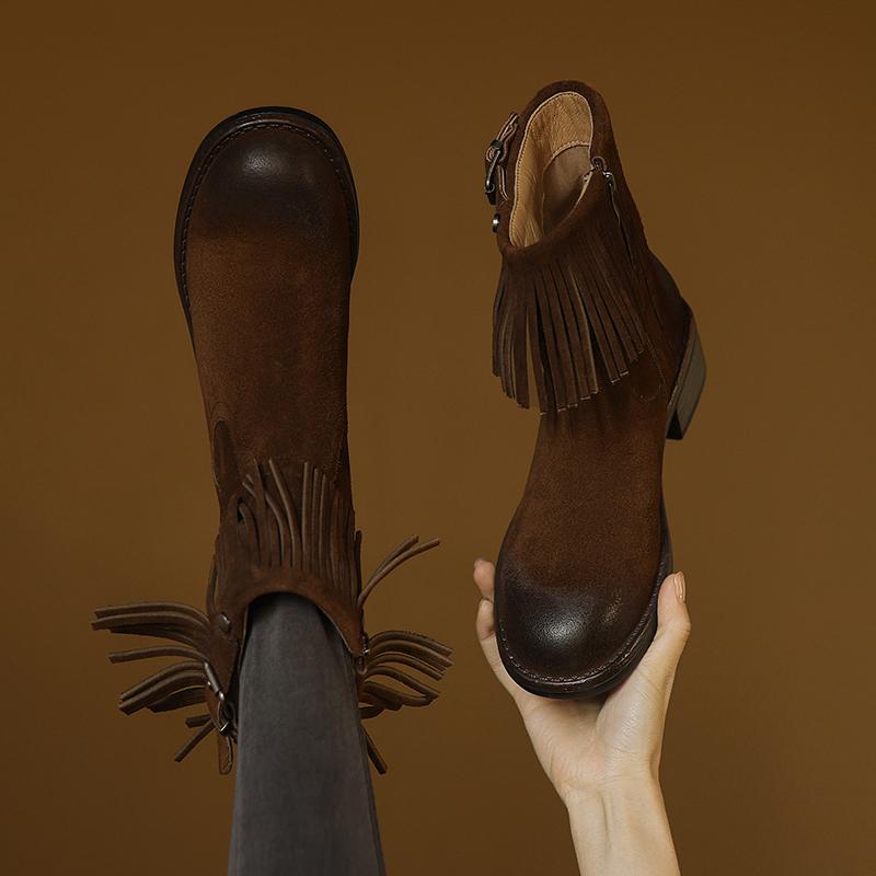 Fashion 2025 New Autumn Women Boots Round Toe Med Heel Cow Suede Leather Women Shoes Zipper Tassels mid-calf Boots Modern Boots