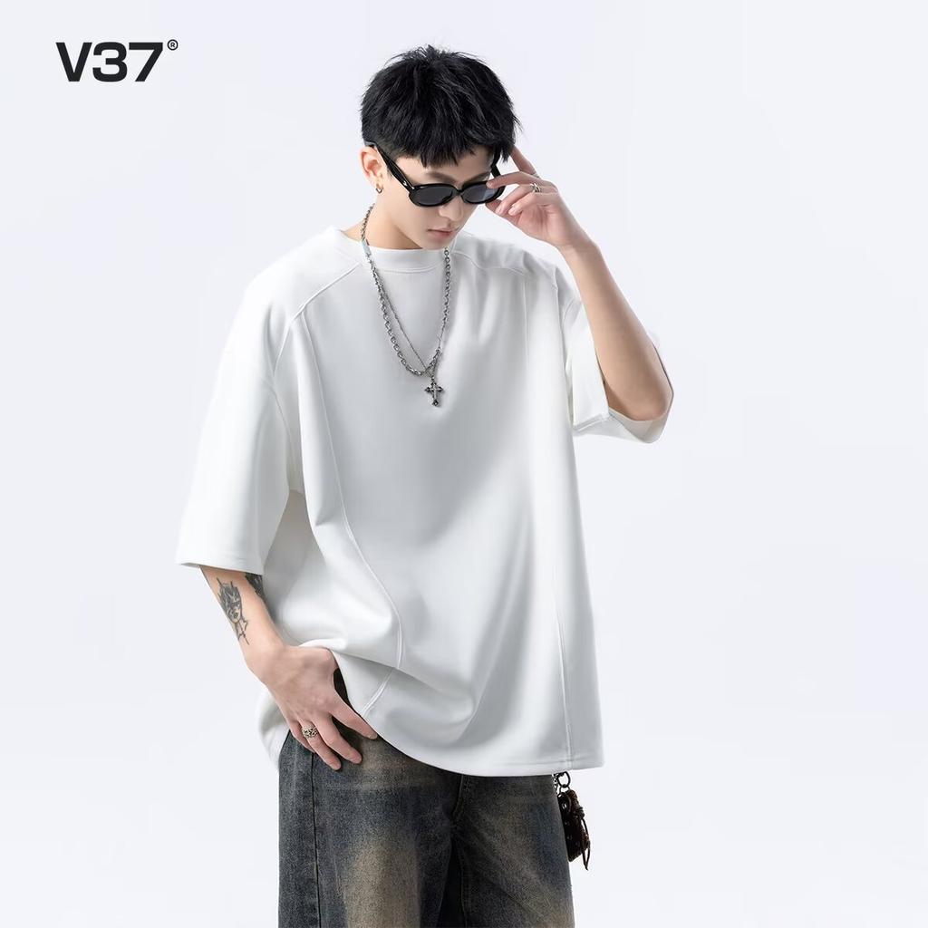 2025Summer Korean Style Loose Round Neck Textured Short Sleeve Padded Shoulder Simple Solid Color Half Sleeve Unisex Trendy Basic Base Shirt t
