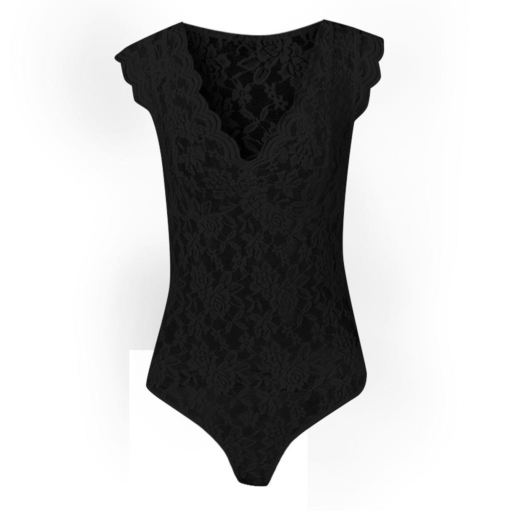 Women Sexy Solid V-neck Sheer Mesh Lace Sleeveless Slim Bodysuit