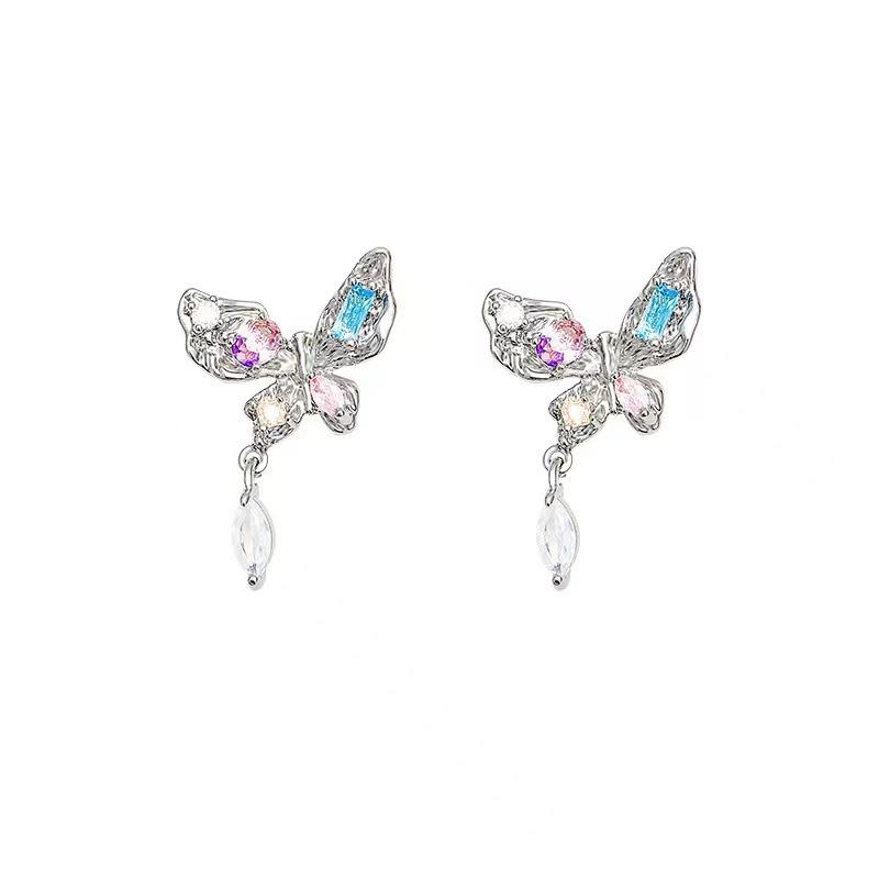 Color Flash Diamond Butterfly Stud Earrings Femininity High-End Versatile Fashion Niche Design Earrings