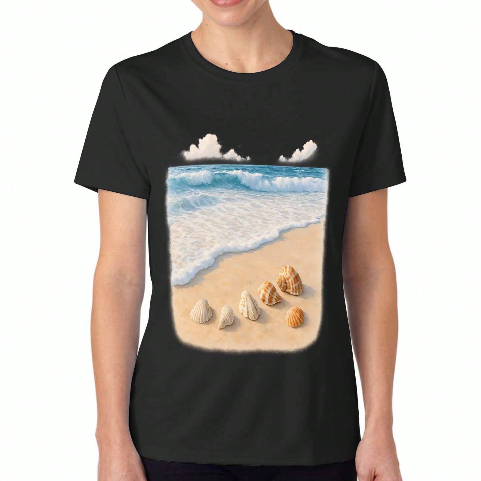 Seashell Beach unisex T Shirt, Premium Cotton Quality Print, Durable, Casual Fashion, Ocean Waves And Shells Design, Stylish Summer Beach Vibe Tee, Co S разноцветный