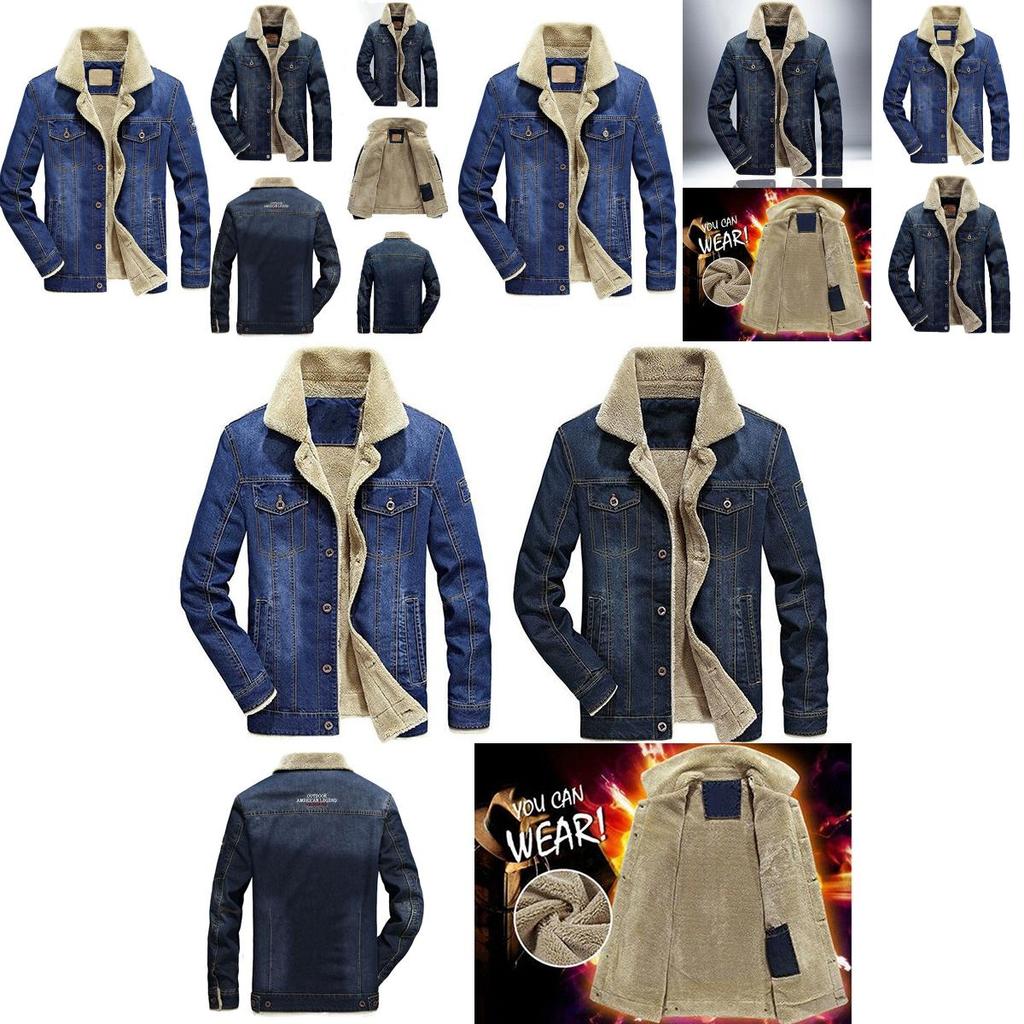Men's Jean Jacket With Fur Collar Lined Winter Warm Casual Denim Coat M-6xl