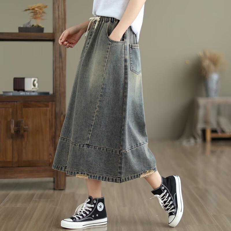 Ronghua Fashion High-Waisted A-Line Denim Midi Skirt