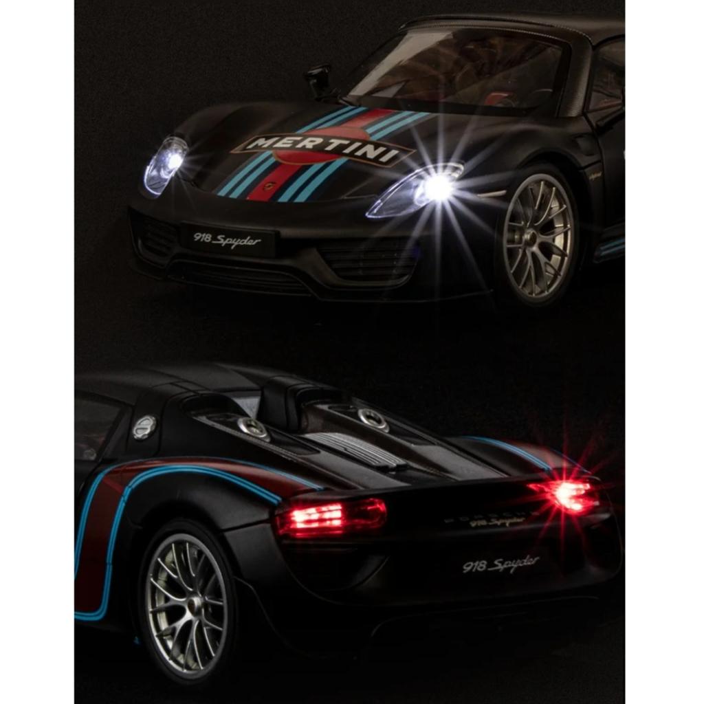 Maßstab 1/18 Porsche 918 Martini Lackiert Limitierte Auflage Legierung Metall Diecast Automodell Geburtstagsgeschenk für Freund Sound & Licht Serie