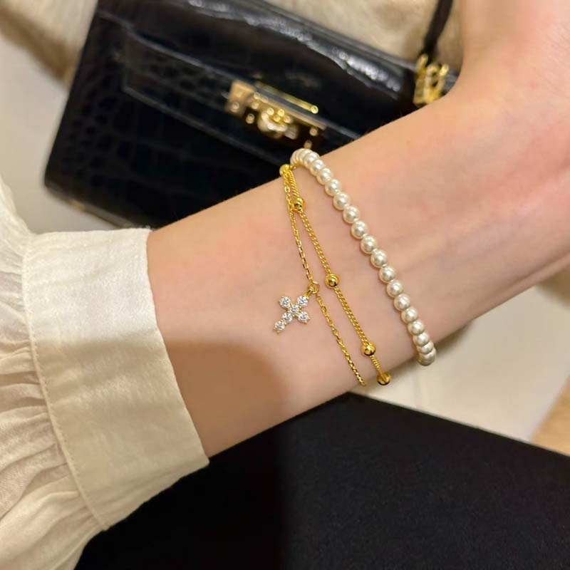 Gold Cross Chain Bracelet For Women Girls Exquisite Crystal Double Layer Adjustable Charm Bracelet Jewelry Gifts