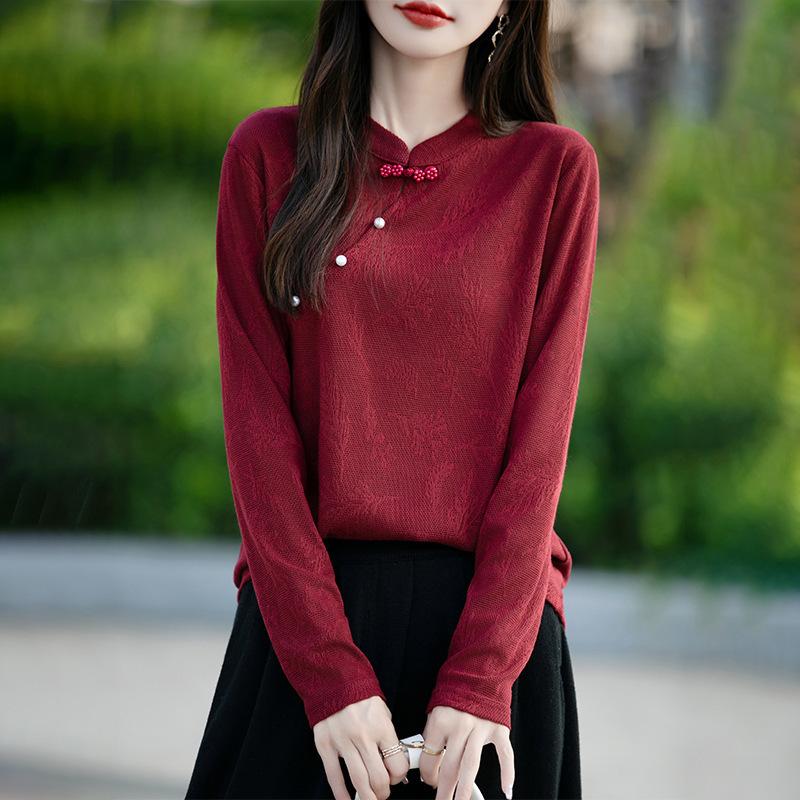 Spring and Autumn's New Round-neck Knitted Sweater, Long-sleeved Jacquard Diagonal Buckle, New Chinese-style Loose Base Layer