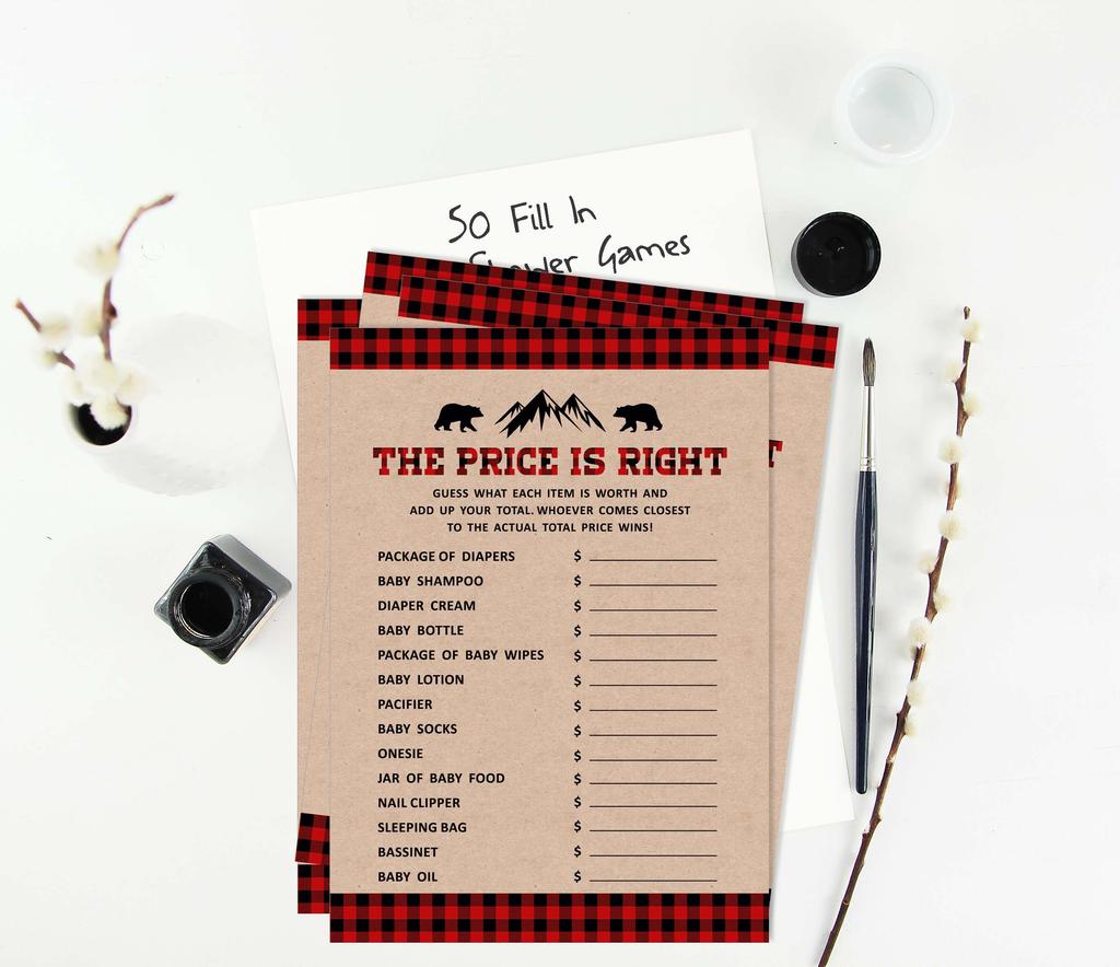 Inkdotpot 50 Sheet Lumberjack If The Price Is Right Rustic Kraft Baby Shower Game Gender Neutral Party