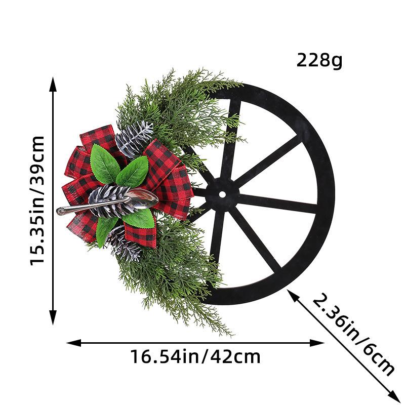 Pine Cone Spoon Wheel Wreath Creative Christmas Wreath Door Hanging Black And Red Grid Bow Outdoor Garden Decoration
